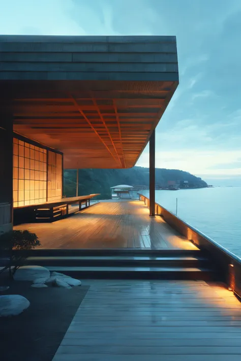 masterpiece,best quality,<lora:tbh399-:0.8>,design by Mario Botta Minimalist Japanese-inspired tea house by the sea, evoking the style of Tadao Ando