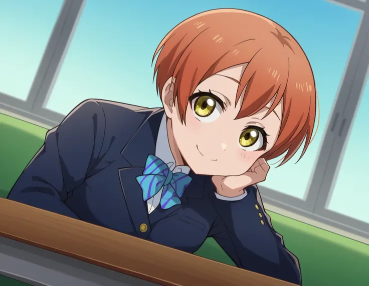 score_9, score_8_up, score_7_up, source_anime, <lora:rin-hoshizora-s1-ponyxl-lora-nochekaiser:1>, rin hoshizora, short hair, jacket, yellow eyes, orange hair, pixie cut,, skirt, school uniform, jacket, blazer, winter uniform, otonokizaka school uniform,, i...