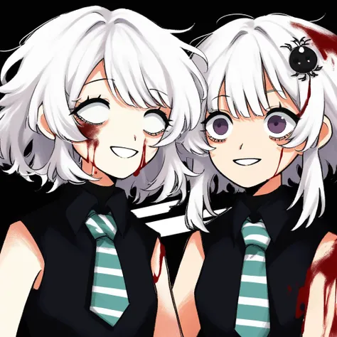 white background, 2girls, bangs, 1other, smile, short hair, upper body, sleeveless, skirt, striped necktie, blood, white hair, hair ornament, suspender shorts