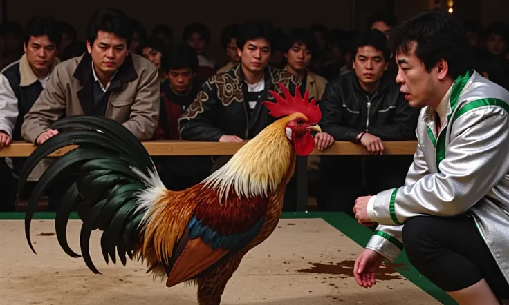 <lora:Mitsuharu_Misawa_FLUX:0.8> photo, illegal rooster fighting, MitsuharuMisawa wearing a silver and green satin waist-length jacket watching illegal rooster fights with seedy looking people, roosters are fighting to death while the people cheer for the ...