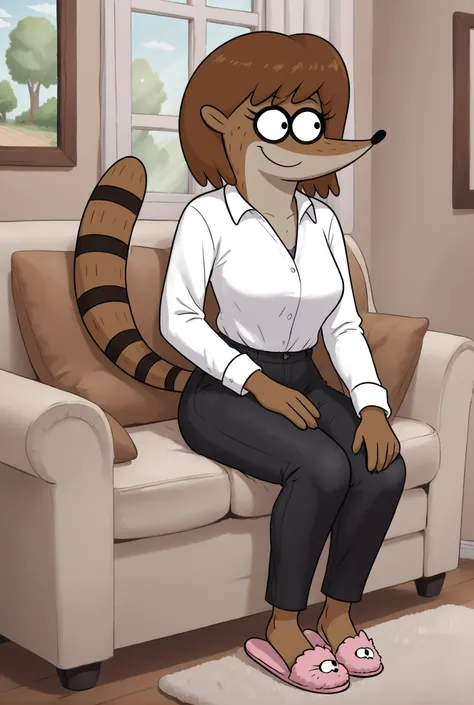 score_9, score_8_up, score_8,
<lora:Barbera_Regular_Show_for_PonyXL:0.8> 1girl, furry female, b4rber4, racoon, tail, solo, 
parody, source_cartoon,
sitting on couch, living room, window, blouse, slippers, black pants, smile,