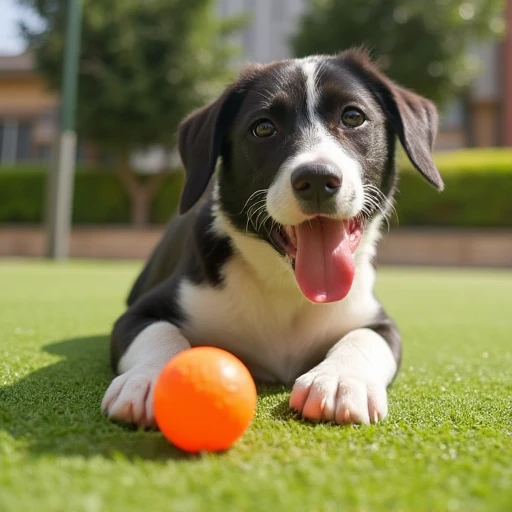 a ohwx puppy with its tongue out laying on the ground with a soccer ball