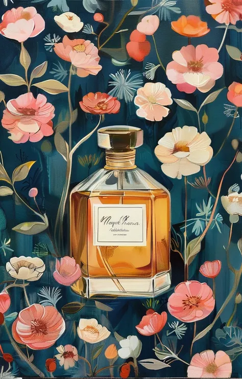 masterpiece,best quality,<lora:tbh417-sdxl:0.6>,illustration,style of Maggie Holmes A bottle of perfume in garden