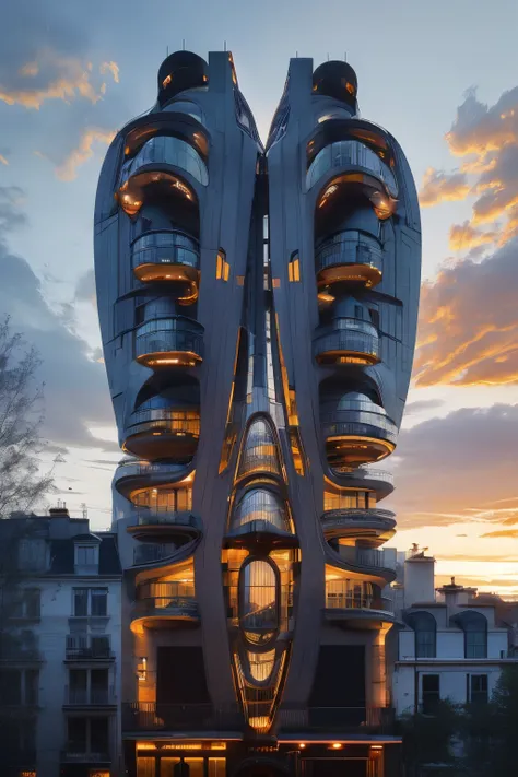 masterpiece,best quality,<lora:tbh397-:0.8>,design by Hector Guimard Futuristic skyscraper with organic shapes, inspired by Zaha Hadid, gleaming under a sunset sky