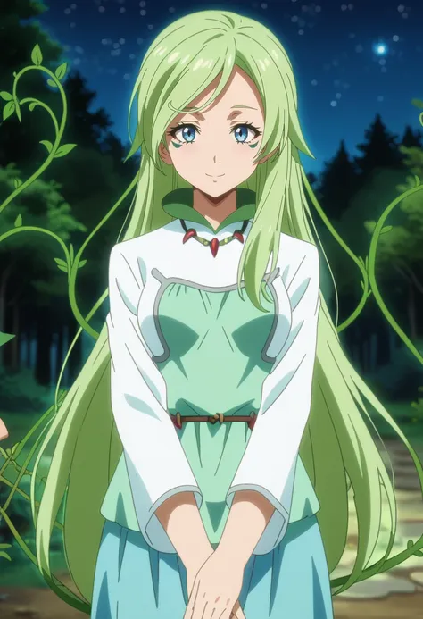 score_7_up, anime screencap,
<lora:TenSura_TreyniXL:0.9>, TreyniTS,
1girl, solo, closed mouth, light smile,
long hair, green hair, blue eyes, facial mark, vines,
multicolored dress, white dress, green dress, necklace, long sleeves, long skirt, blue skirt,
...