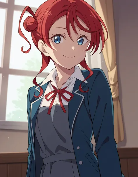 score_9, score_8_up, score_7_up, source_anime, <lora:mei-yoneme-s2-ponyxl-lora-nochekaiser:1>, mei yoneme, bangs, blue eyes, hair between eyes, red hair, hair bun, single hair bun, single side bun,, shirt, dress, ribbon, school uniform, jacket, white shirt...