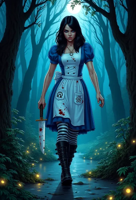 An epic comic illustration, vivid detail, defined lines, cell shading of madalice, she has black hair and blue eyes. Shes wearing a blue dress with a white apron. The apron has magical symbols on the pocket, there are bloodstains on the apron. she wears a ...