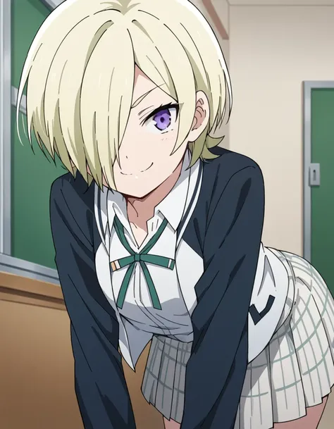 score_9, score_8_up, score_7_up, source_anime, <lora:mia-taylor-s2-ponyxl-lora-nochekaiser:1>, mia taylor, short hair, blonde hair, purple eyes, hair over one eye,, skirt, shirt, ribbon, school uniform, collared shirt, plaid, black shirt, neck ribbon, plai...