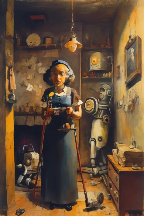 masterpiece,best quality,<lora:tbh400-:0.8>,style of George Grosz, portrait of Housework robots