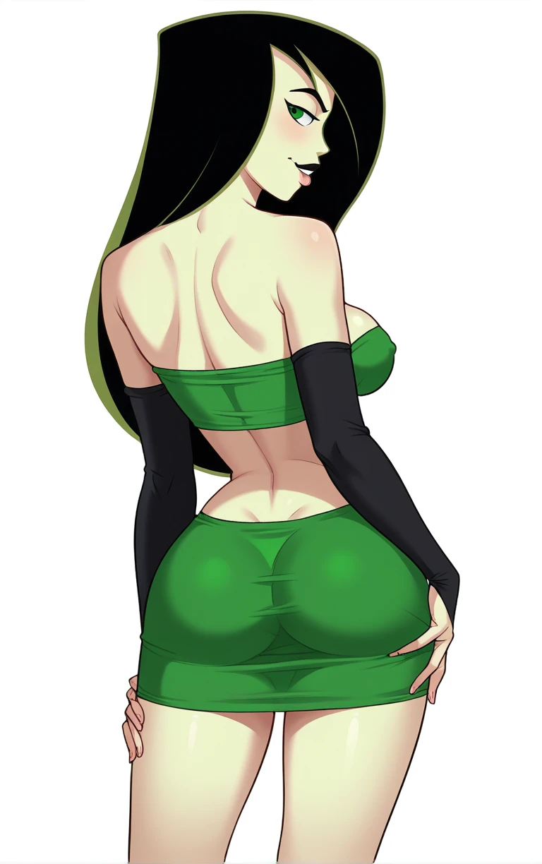 score_9, score_8_up, score_7_up, source_cartoon, <lora:Expressive_H:0.15> <lora:add-detail-xl:0.15>, BREAK
BareShouldersDress_Gagala_Shego_ownwaifu, green skin, colored skin,  
1girl, bare shoulders, black hair, cleavage, detached sleeves, green dress, gre...