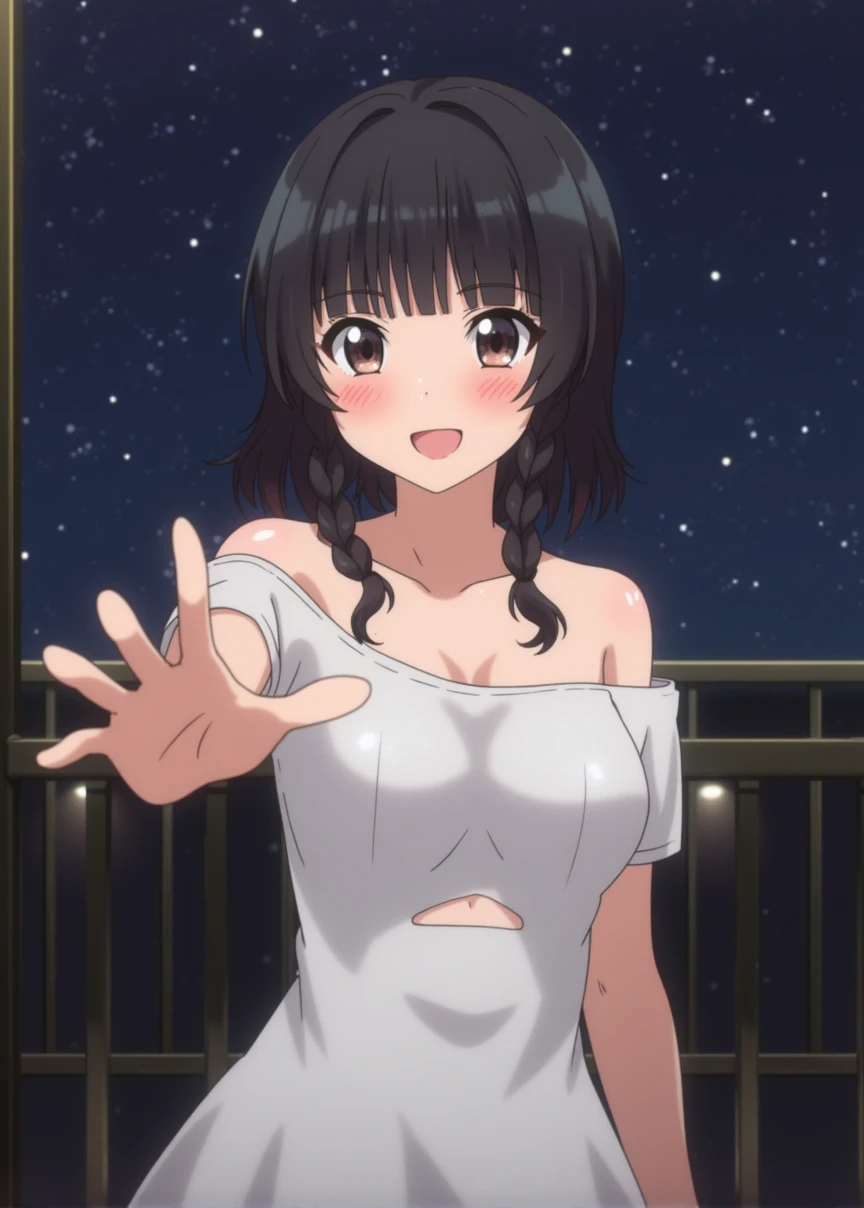 anime girl, dark black hair, short hair, braided bangs, gradient hair, blush, bare shoulders, night in the stalls, reaching out to viewer looking at viewer, waist-up shot, happy, reaching hand out, full body shot, navel cutout, blunt sidelocks hair, collar...