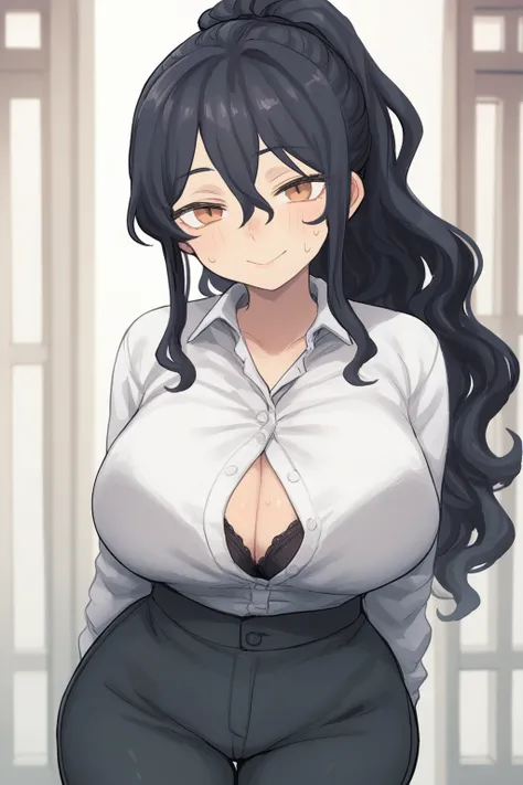 score_9, score_8_up, score_7_up, score_6_up, score_5_up, score_4_up, source_anime, <lora: Deadflow_Style:1>,  deadflow style, 1 girl, long hair, (brown eyes:1.2), black hair, wavy hair, ponytail, sidelocks, hair between eyes, bangs, looking at viewer, matu...