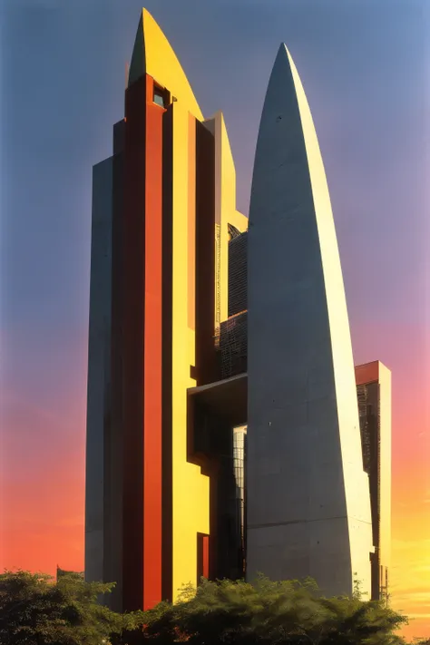 masterpiece,best quality,<lora:tbh393-:0.8>,design by Luis Barragan, Futuristic skyscraper with organic shapes, inspired by Zaha Hadid, gleaming under a sunset sky