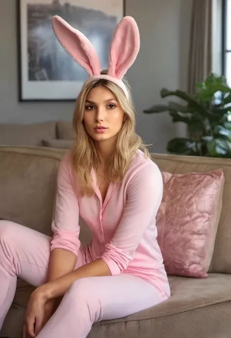 Portrait of Lina Belfiore, wearing a pink bunny pyjama, bunny ears, sitting on sofa