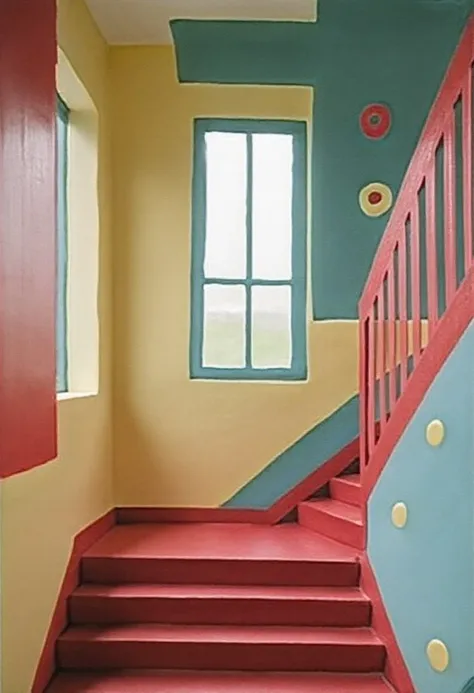 staircase, window, walls painted in abstravd style, clean