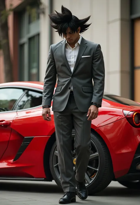 A tall figure in a gray suit, complete with a pair of sunglasses perched atop his head, slowly makes his way towards an exquisite red sports car. His attire evokes a sense of sophistication and authority, as he carefully stoops down to enter the sleek vehi...