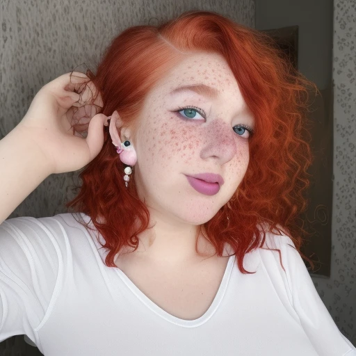 pokémon, feminine beautiful face, white wrinkled shirt, coy, freckles, wearing pearl earrings, half & half hair dye, flaming hair, dye hair, soft curvy shape, ginger wavy hair, dark brown eyes and eyelashes, skin, woman with freckles, 1 7 - year - old goth...