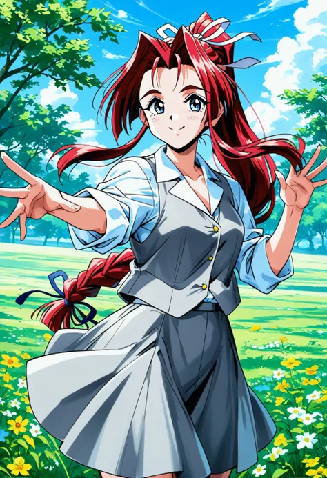 1girl, solo, (field:1.2), (sky:1.2), smile, (cowboy shot, dynamic pose:1.4), 
yokoyama_megumi, blue eyes, red hair, long hair, ponytail, low-tied long hair, hair ribbon, collared shirt, gray vest, gray skirt, <lora:Graduation_yokoyama_megumi_pony_ver2:0.7>...