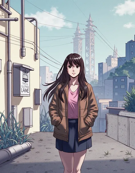 <lora:v10_nakanoart_r16_000002750:1.2> art by nakanoart, 1girl, solo, long hair, skirt, brown hair, black hair, brown eyes, standing, jacket, outdoors, black eyes, building, scenery, city, sign, hands in pockets, power lines, industrial pipeâââ