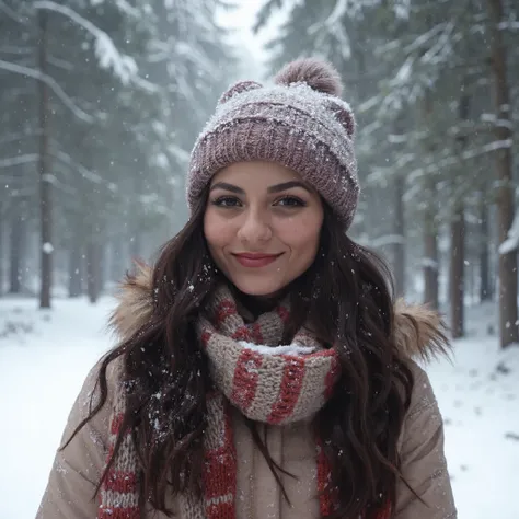 serene portrait of Victoria Justice, standing amidst a wintry forest during a heavy snowfall. The scene captures the quiet beauty of winter, with large snowflakes gently falling around her, covering the ground and the trees in a thick, soft blanket of snow...