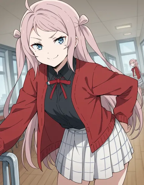 score_9, score_8_up, score_7_up, source_anime, <lora:lanzhu-zhong-s2-ponyxl-lora-nochekaiser:1>, lanzhu zhong, long hair, bangs, blue eyes, pink hair, ahoge, sidelocks, mole, two side up, mole under eye,, skirt, shirt, ribbon, school uniform, collared shir...