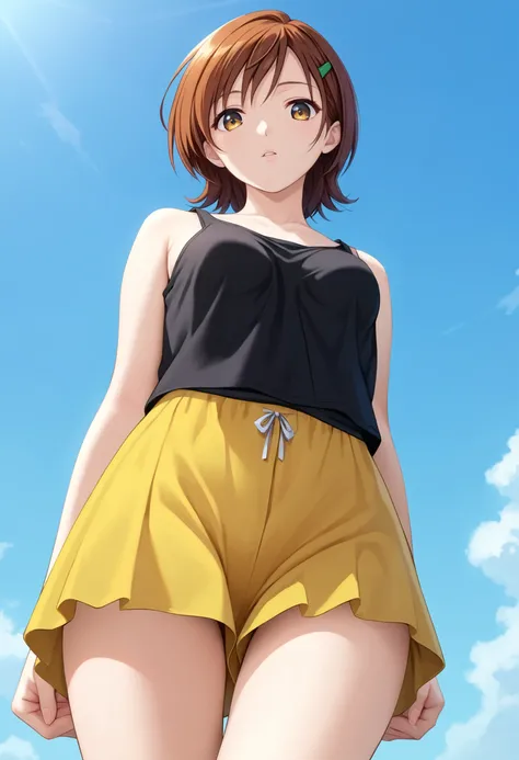 score_9, score_8_up, score_7_up, solo, AnnaSanjou, brown hair, short hair, green hairclip, brown eyes, 1girl,looking at viewer, yellow skirt, black tank top, standing, [from below], thighs, <lora:AnnaSanjouV3:0.8>