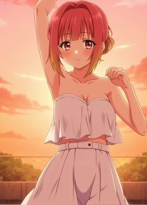 anime girl, hair tied up, gradient hair, short hair, blush, bare shoulders, dancing in a sunset, looking at viewer, waist-up shot, full body shot, navel cutout, blunt sidelocks hair, collarbone <lora:anime-screenshots:1.1>