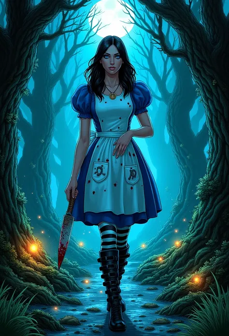 An epic comic illustration, vivid detail, defined lines, cell shading of madalice, she has black hair and blue eyes. Shes wearing a blue dress with a white apron. The apron has magical symbols on the pocket, there are bloodstains on the apron. she wears a ...