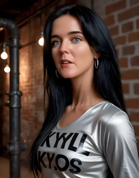 In a dimly lit, industrial loft studio, KYL4S, a captivating woman with raven-black hair cascading down her back, her striking grey eyes intensely gazing directly at the viewer, adorns a unique outfit: a form-fitting shirt emblazoned with the letters "kyl4...