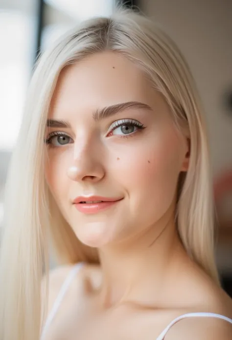 p3r5on close-up blonde hair, blue eyes, wearing a white top, in a room with natural light, close-up shot, side profile, focused on the face, no distinct accessories, no makeup, composition is a close-up of the face, the setting appears to be indoors, and t...