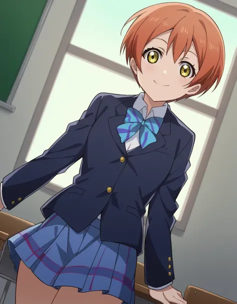 score_9, score_8_up, score_7_up, source_anime, <lora:rin-hoshizora-s1-ponyxl-lora-nochekaiser:1>, rin hoshizora, short hair, jacket, yellow eyes, orange hair, pixie cut,, skirt, school uniform, jacket, blazer, winter uniform, otonokizaka school uniform,, i...