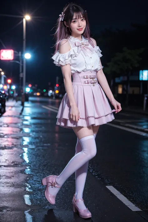 realistic,photorealistic,best quality,masterpiece,highres,8k,RAW photo,ultra-detailed,full body,1girl,solo,smile,from side,looking at viewer,pink hair,long hair,jirai kei costume,jirai kei,shirt,skirt,frilled shirt,frills,lace,lace trim,shoulder cutout,bow...