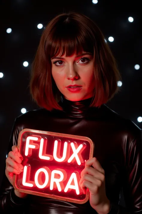 professional photography of woMyry3l1 she has brown bob cut hair with bangs, wearing a latex black outfit with turtleneck and sleveless, she is holding a neon sign with the written "FLUX LORA", the background is black with white light dots