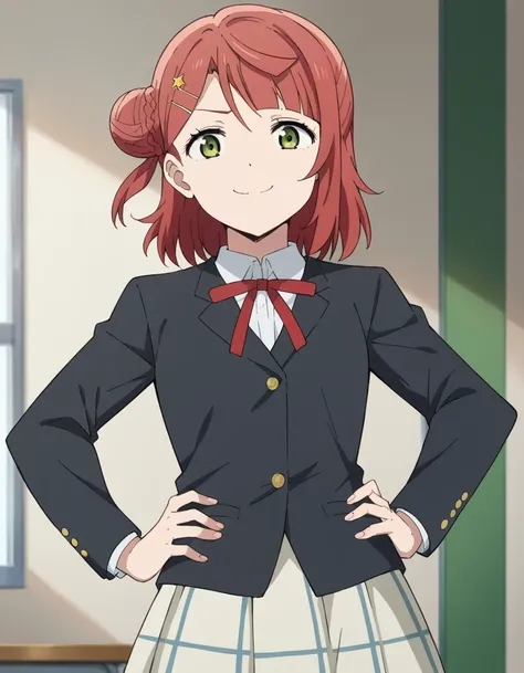 score_9, score_8_up, score_7_up, source_anime, <lora:ayumu-uehara-s2-ponyxl-lora-nochekaiser:1>, ayumu uehara, bangs, hair ornament, green eyes, yellow eyes, red hair, hairclip, blunt bangs, medium hair, hair bun, single hair bun, half updo, hairpin, singl...