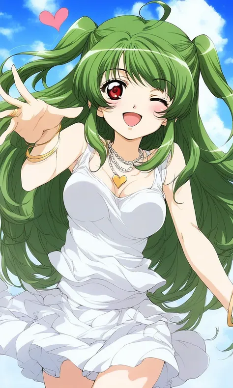 score_9, score_8_up, score_7_up, source_anime, rating_explicit, BREAK  <lora:Yoko_Inukami_XL:1> Yoko_Inukami, green hair,  very long hair, ahoge, red eyes, two side up, jewelry, necklace, breasts, 
one eye closed, white skirt, heart, blush, smile, open mou...