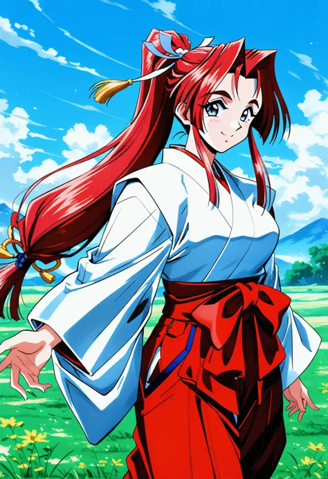 1girl, solo, (field:1.2), (sky:1.2), smile, (cowboy shot, dynamic pose:1.4), 
yokoyama_megumi, blue eyes, red hair, long hair, ponytail, low-tied long hair, hair ribbon, japanese clothes, red hakama, miko, <lora:Graduation_yokoyama_megumi_pony_ver2:0.8>, s...