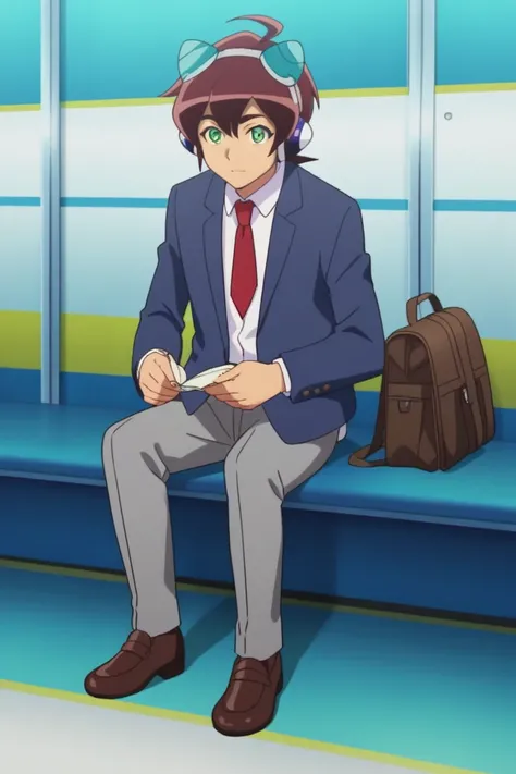 score_9, score_8_up, score_7_up, score_6_up, masterpiece, best quality, amazing quality, best aesthetic, absurdres, intricate details, male focus,
tokio, brown hair, green eyes, 1boy, male focus, solo, necktie, sitting, bag, pants, grey pants, ahoge, jacke...