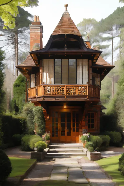 masterpiece,best quality,<lora:tbh398-:0.8>,design by CFA Voysey Whimsical treehouse complex in a lush forest, channeling the spirit of Antoni Gaudí