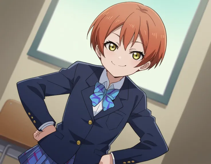 score_9, score_8_up, score_7_up, source_anime, <lora:rin-hoshizora-s1-ponyxl-lora-nochekaiser:1>, rin hoshizora, short hair, jacket, yellow eyes, orange hair, pixie cut,, skirt, school uniform, jacket, blazer, winter uniform, otonokizaka school uniform,, i...