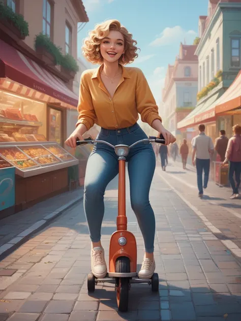 score_9,score_8_up,score_7_up,score_6_up, A cheerful anime girl with curly blonde hair, riding a colorful scooter down a quaint city street decorated with small shops and bistro lights, her laughter mixing with the sounds of the bustling city.