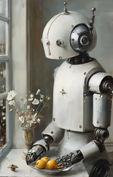 masterpiece,best quality,<lora:tbh418-sdxl:0.6>,illustration,style of Michael Aram portrait of Housework robots