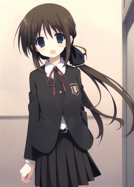 <lora:dld-000010:0.7>,1girl,black jacket,black skirt,blue eyes,brown hair,dld,her hair was tied with a black ribbon,long hair,open mouth,school uniform,solo,