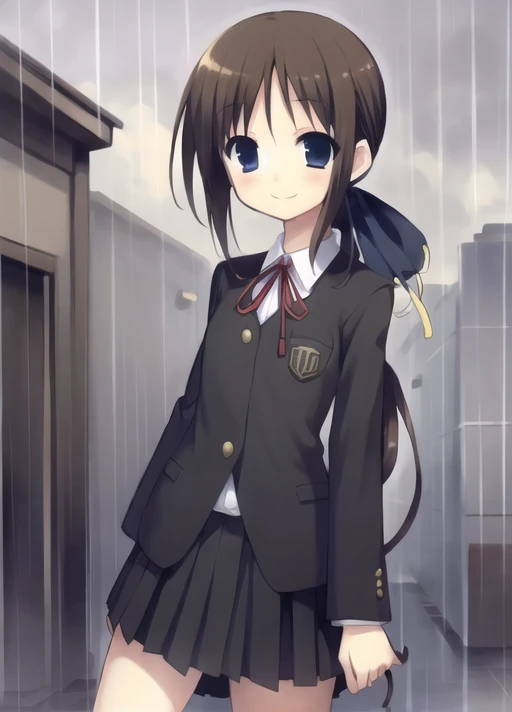 1girl,black jacket,black skirt,blue eyes,brown hair,dld,her hair was tied with a black ribbon,long hair,school uniform,solo,smile,rain,<lora:dld-000008:0.7>,