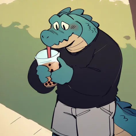 score_9_up, score_8_up, score_7_up, source_furry, Duncan, anthropomorphic crocodile, crocodile, dark teal color, dark teal body, bigger build, furry male, furry, 1boy, solo, black sweater, gray shorts, holding, bubble tea, in park, park