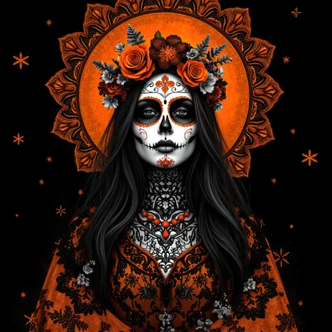 Santa Muerte, best quality, digital painting, extremely smooth, fluid, 3d fractals, light particles, dreamy, smooth, shimmering, dreamy glow, conceptual art by alberto seveso, anna dittmann, arthur rackham, harmonious color scheme, 32k, Wet black and orang...