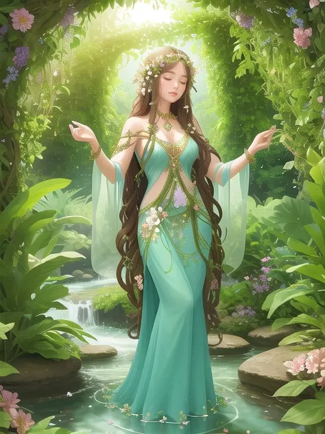 A serene goddess in a lush garden, adorned in a flowing gown with floral designs. Her hair is long and intertwined with flowers and vines. She stands among blooming plants and crystal-clear streams, creating a peaceful and enchanting scene.