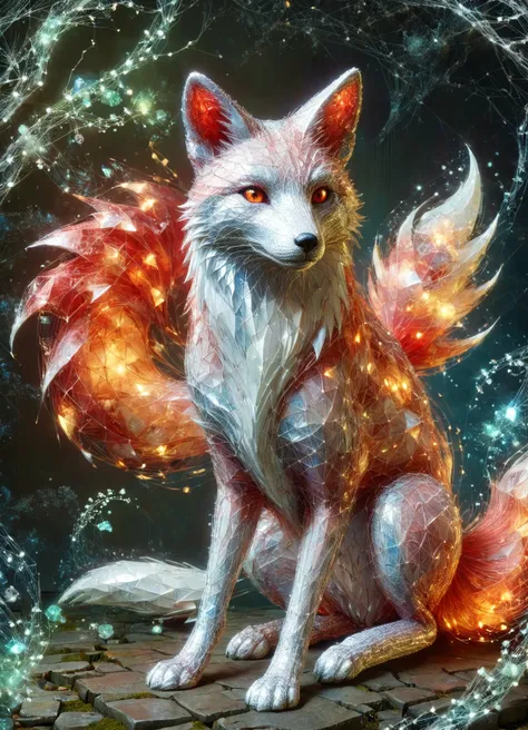 DonM3DW1r3fr4m3XLkitsune, fox spirit,fox with multiple tails, power, magical enchanting aura,supernatural alluring eyes white and red, intelligence, trickery,wisdom, supernatural feats, scatter   <lora:DonM3DW1r3fr4m3XL:1>