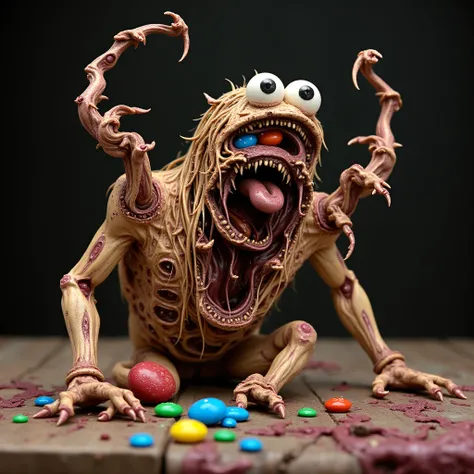 disfigured colorful body horror m&m cookie monster, on a table, tentacles 