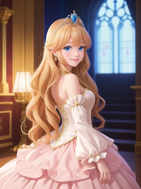 A front-view of an anime fantasy princess in a grand castle, dressed in an elegant gown with a tiara. Her hair is long and wavy, and she smiles gently at the viewer.