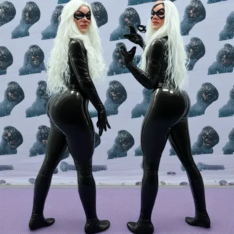 1girl, latex, black bodysuit, bodysuit, ass, domino mask, mask, long hair, white hair